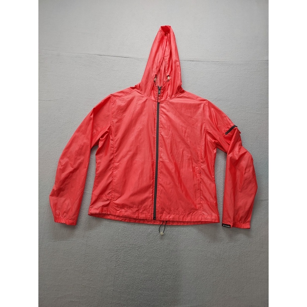 Columbia Women Windbreaker Jacket XL Red Hooded Full Zip Running Hiking Coat